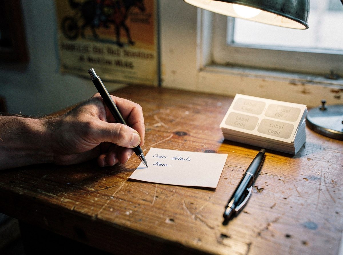 A hand writing a note on a paper order card