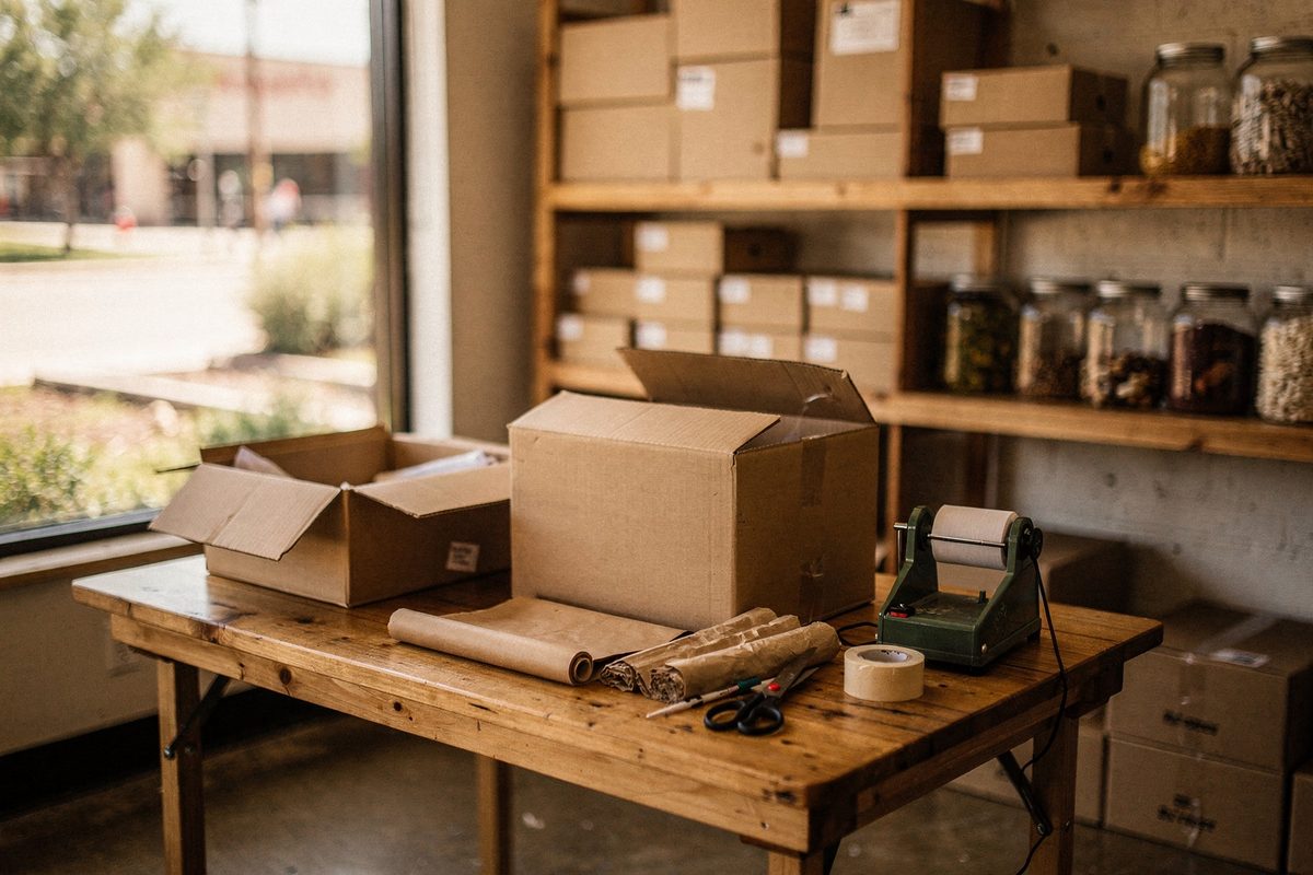 A small workspace with shelving of boxes and jars