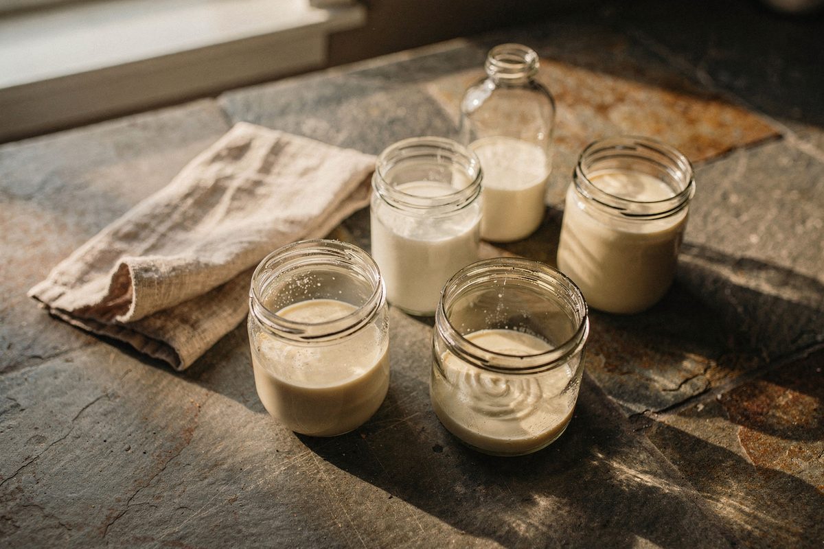 Jars and bottles of cream and oil arranged on a stone counter
