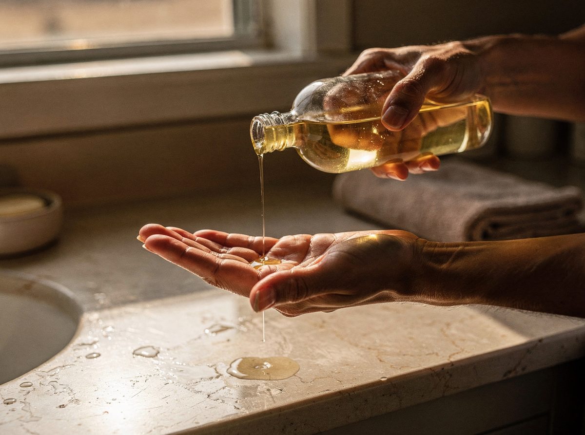 Body oil pouring from a glass bottle into an open palm